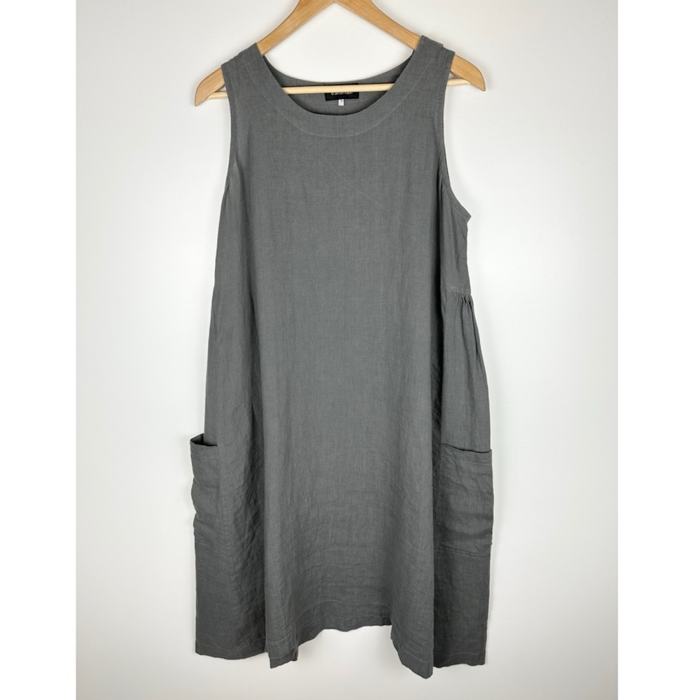 Eskandar 3/4 Length Side Pleated Linen Sleeveless Dress